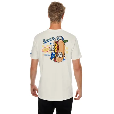 Back view of Brewers World Famous t-shirt with large hot dog mascot graphic and retro Brewers text.