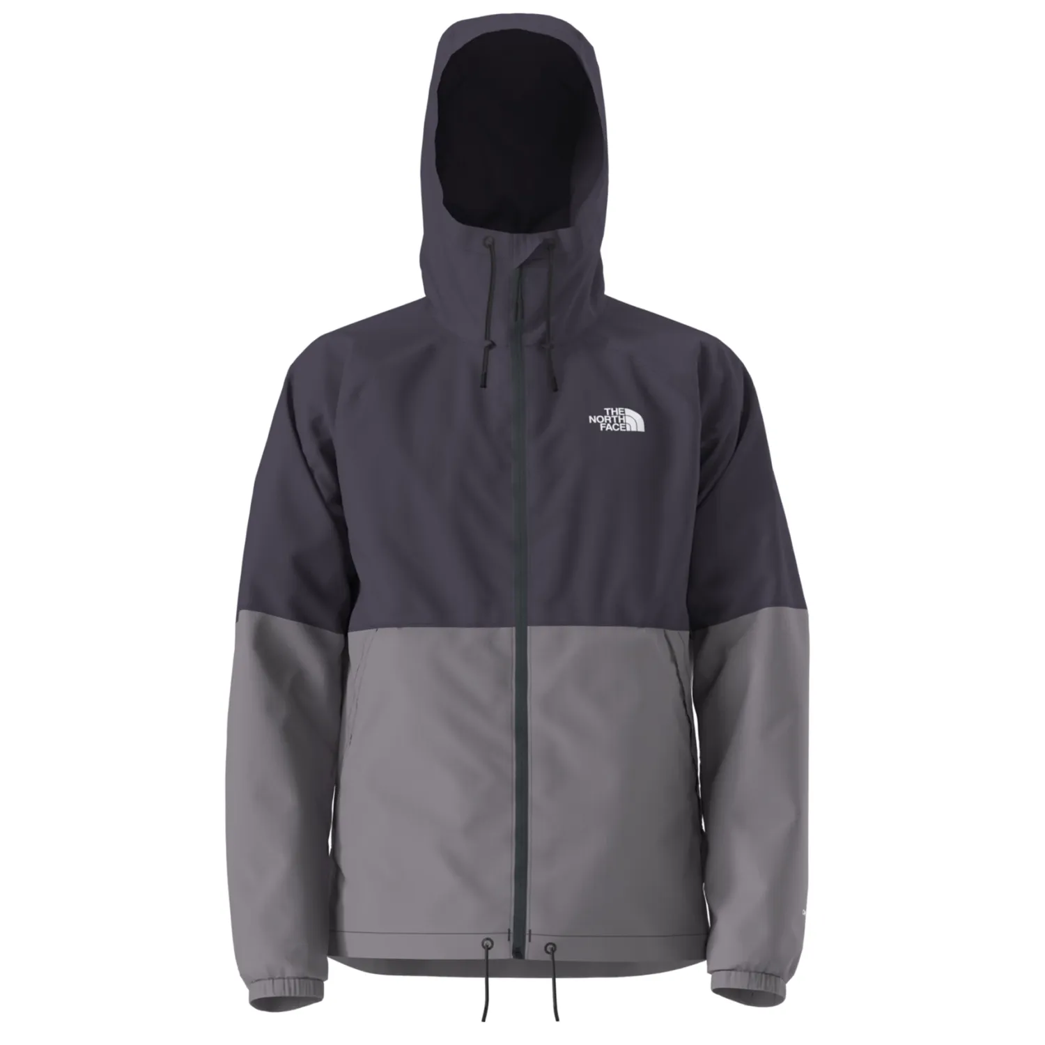 Front View Of The North Face Antora Rain Hoodie In Endless Dusk And Transcendent Grey Colorblock With Adjustable Hood.