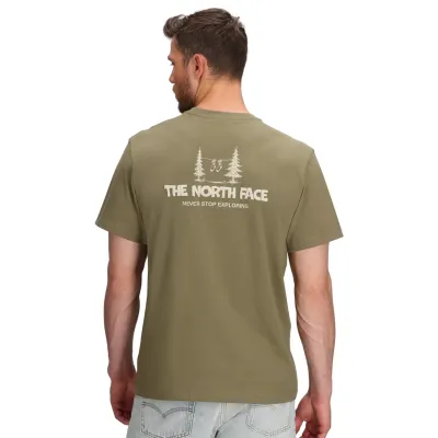 Back View Of The North Face Camping Relaxed Tee In Cedar With Camping Trees Graphic And Never Stop Exploring Text.