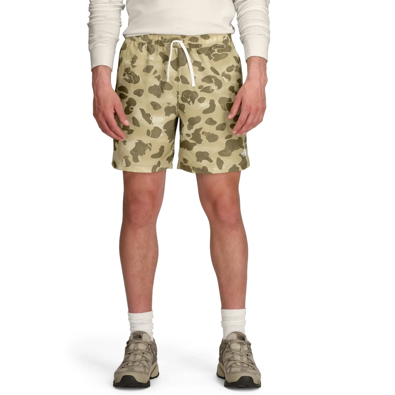 Model Wearing The North Face Action Short 2.0 In Cedar Heritage Camo Print Front View.