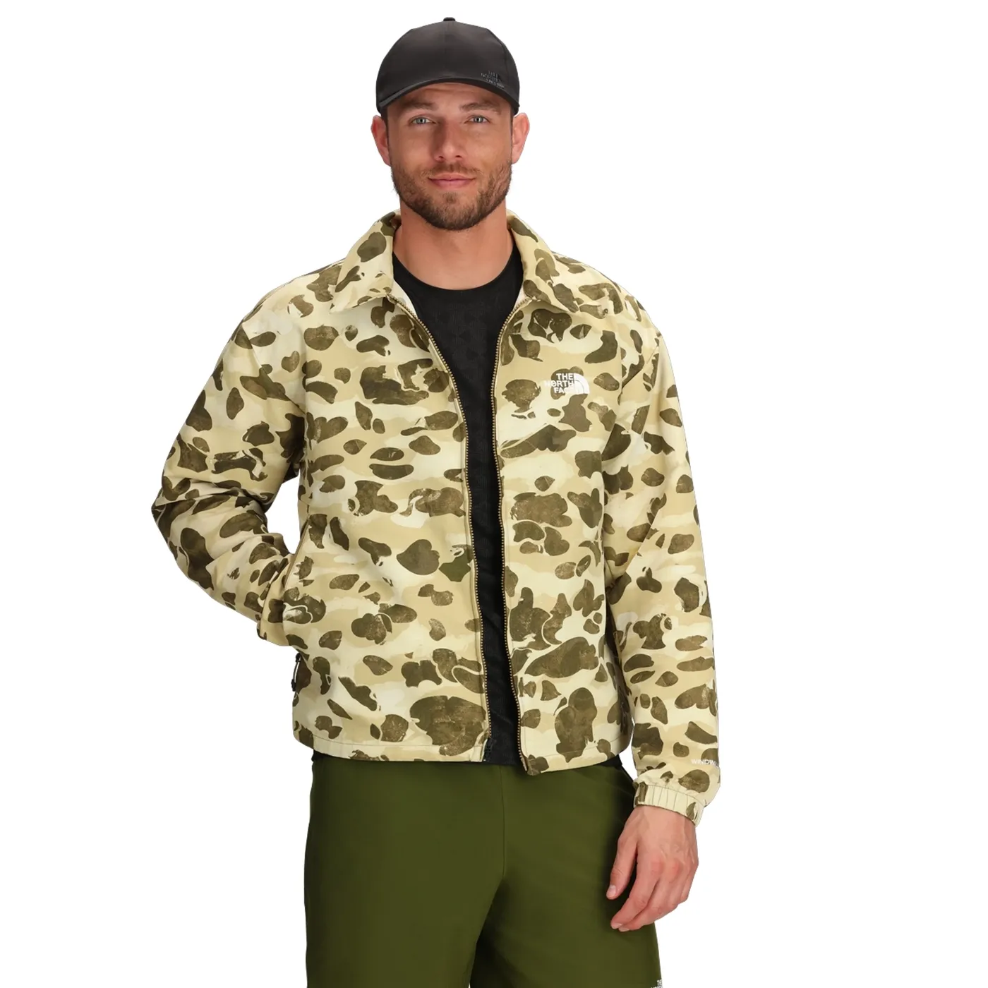 Model Wearing The North Face Easy Packable Jacket In Cedar Heritage Print Front View.
