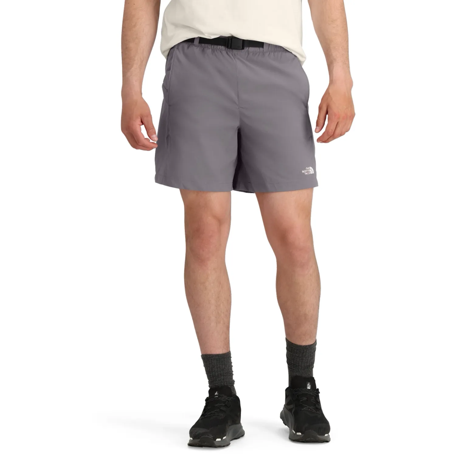 Model Wearing The North Face Class V Pathfinder Belted Shorts In Transcendent Grey Front View.