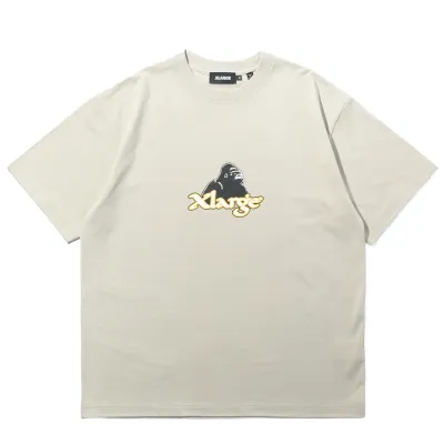 Front view of XLARGE Nu Age Logo tee in stone featuring gorilla graphic and gold script logo on soft cotton