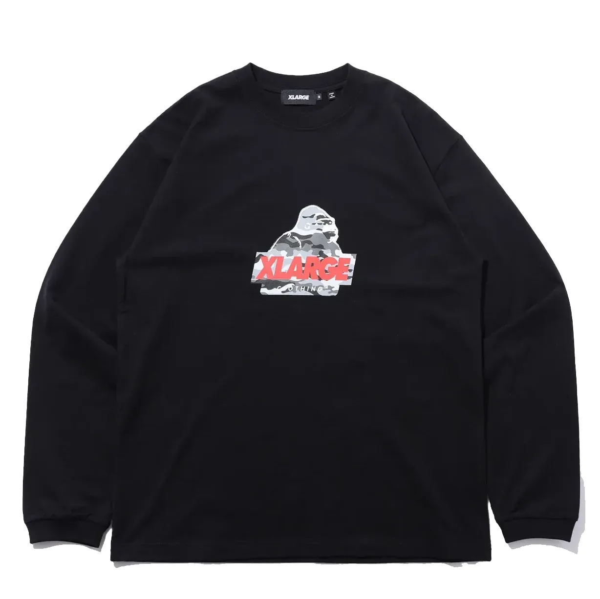 Front view of XLARGE Urban Logo Long Sleeve Tee in black with camo gorilla logo and red XLARGE branding