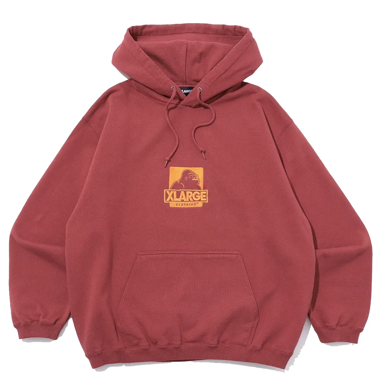 XLARGE OG Logo Hoodie in burgundy with yellow gorilla logo graphic and front kangaroo pocket