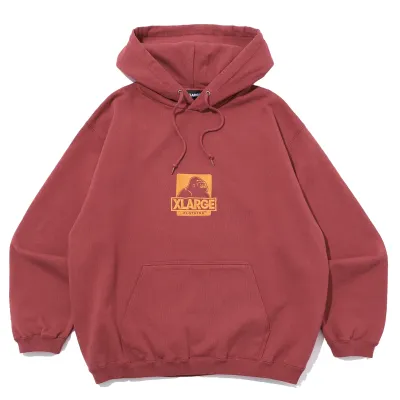 XLARGE OG Logo Hoodie in burgundy with yellow gorilla logo graphic and front kangaroo pocket