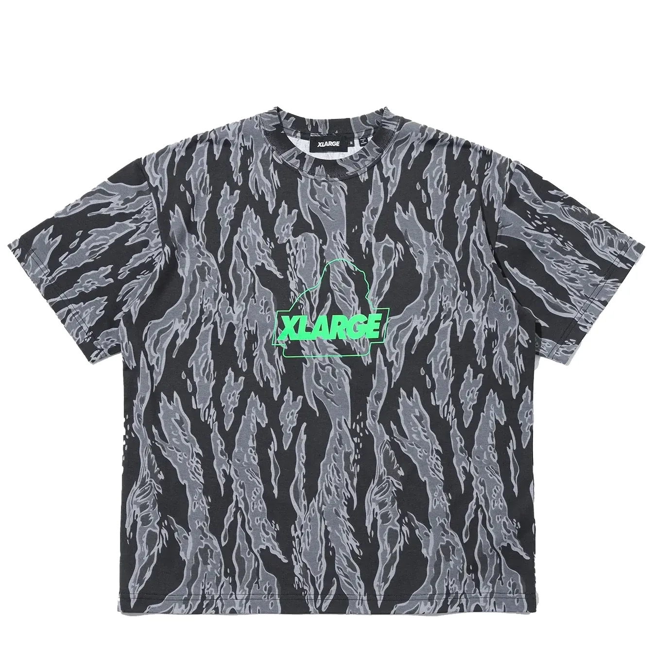 XLARGE Camo Urban Logo T-Shirt in charcoal with grey camo pattern and neon green XLARGE gorilla logo graphic on chest