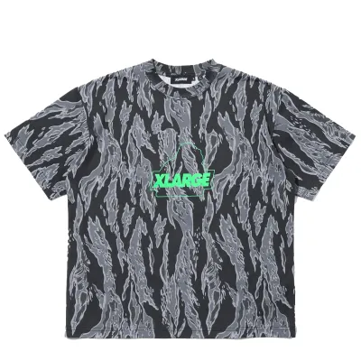 XLARGE Camo Urban Logo T-Shirt in charcoal with grey camo pattern and neon green XLARGE gorilla logo graphic on chest
