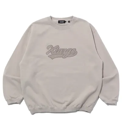 Front view of XLARGE Varsity Crewneck sweatshirt in stone with embroidered script logo on chest