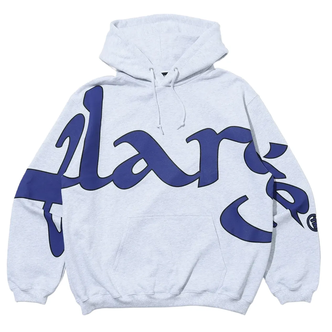 XLARGE Logo Hoodie in ash grey with oversized navy XLARGE script graphic across front and sleeves with kangaroo pocket