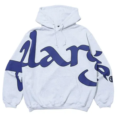 XLARGE Logo Hoodie in ash grey with oversized navy XLARGE script graphic across front and sleeves with kangaroo pocket