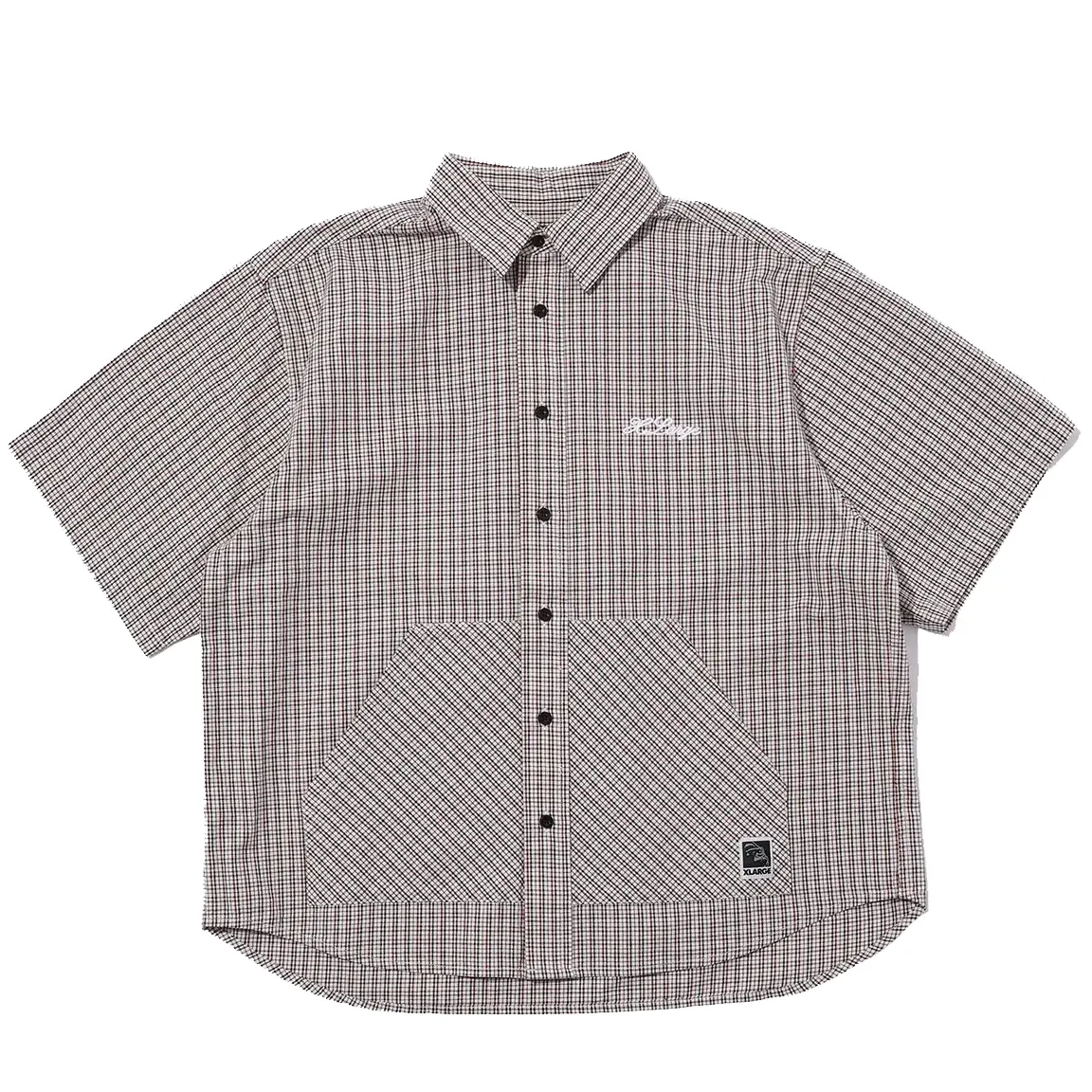 XLARGE beige check short sleeve check shirt front view with button closure and dual front pockets