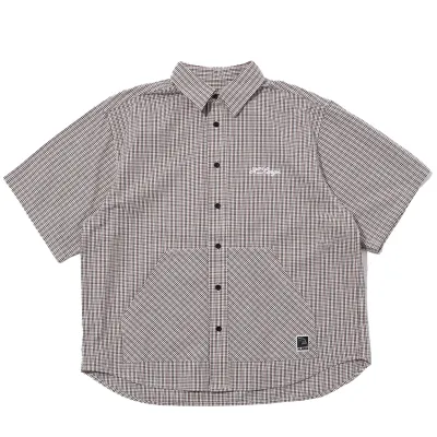 XLARGE beige check short sleeve check shirt front view with button closure and dual front pockets