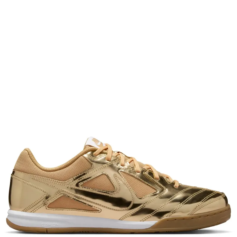 Medial side profile highlighting layered metallic overlays and textile inserts