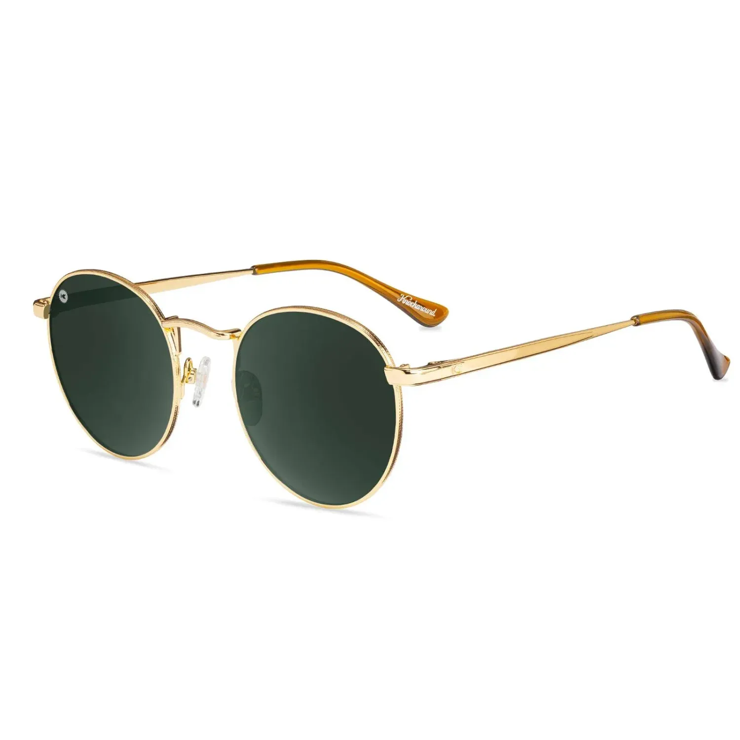Angled view of Knockaround Love &amp; Haights sunglasses with gold wire frame and round green lenses