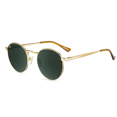 Angled view of Knockaround Love &amp; Haights sunglasses with gold wire frame and round green lenses