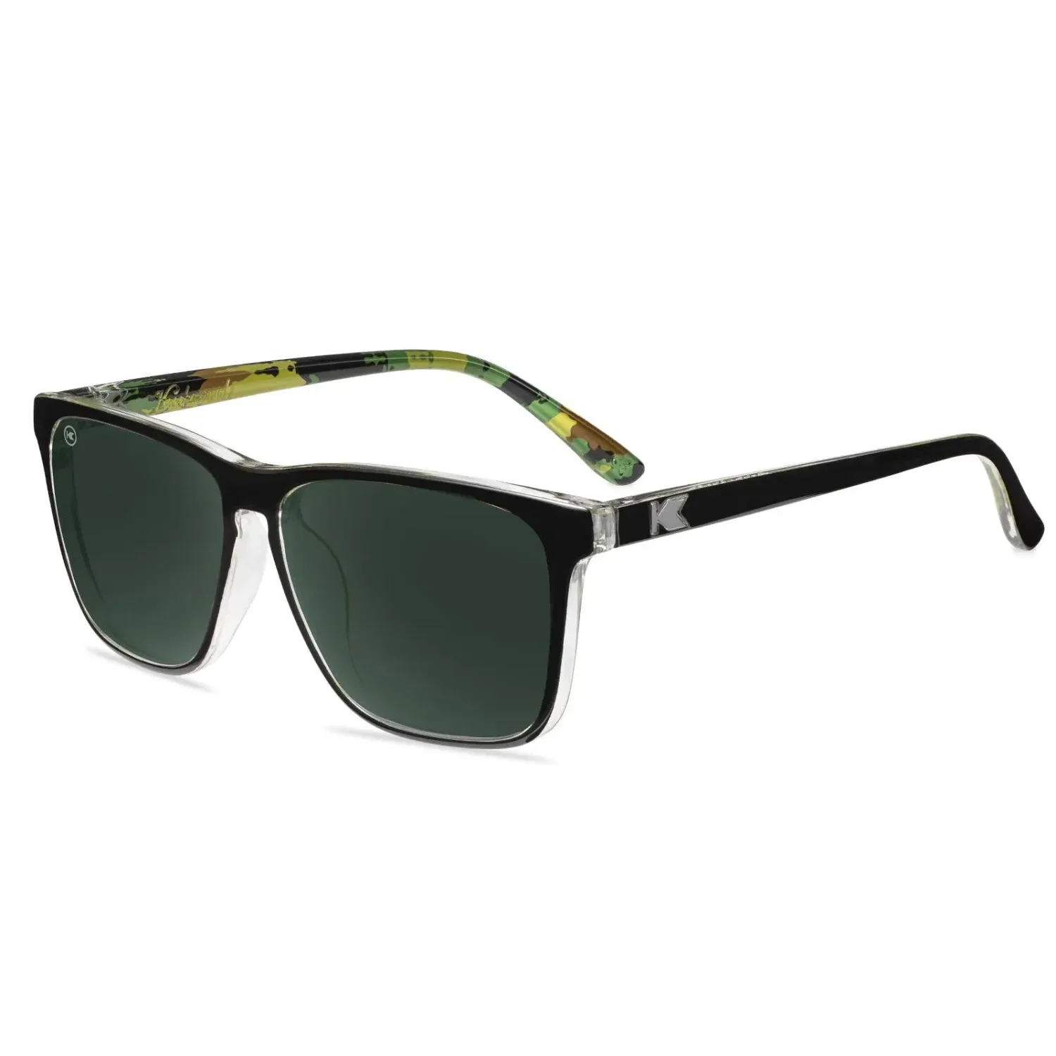 Knockaround Fast Lanes sunglasses in Covert Ops with black frame and dark green lenses, front view