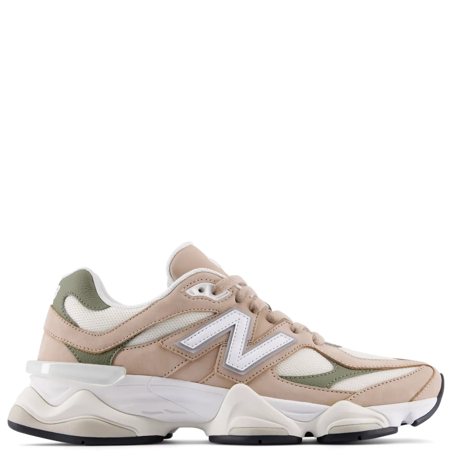 New Balance 9060 Mindful Grey Dark Olivine side profile with suede overlays and mesh upper