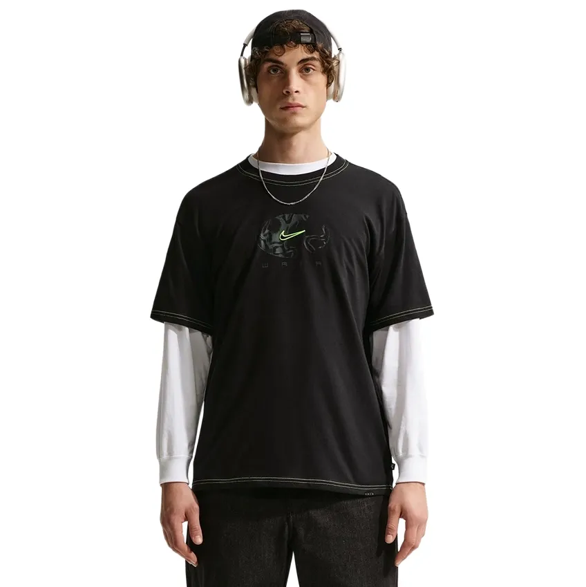 Front view showing neon Swoosh graphic and dropped shoulder silhouette
