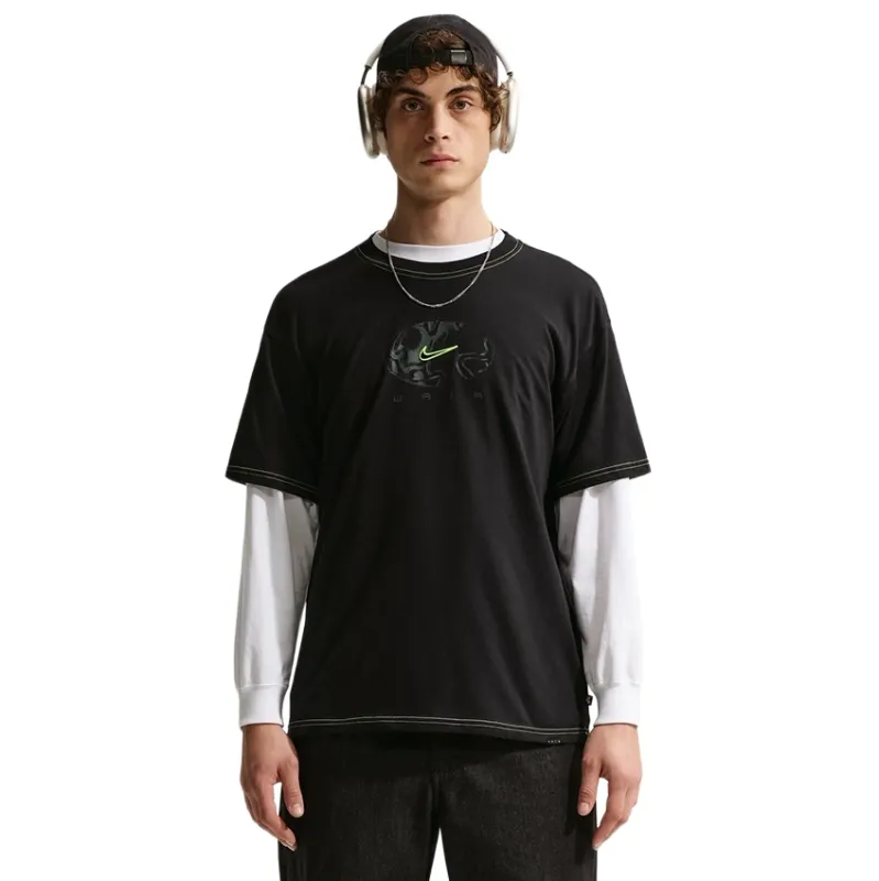 Front view showing neon Swoosh graphic and dropped shoulder silhouette