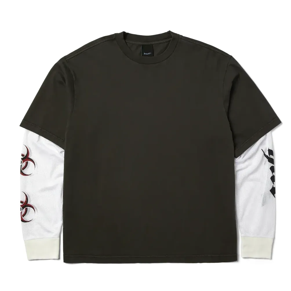 HUF Leon Long Sleeve Double Layer Top in Vintage Black with white mesh long sleeves and biohazard-style sleeve graphics, fron