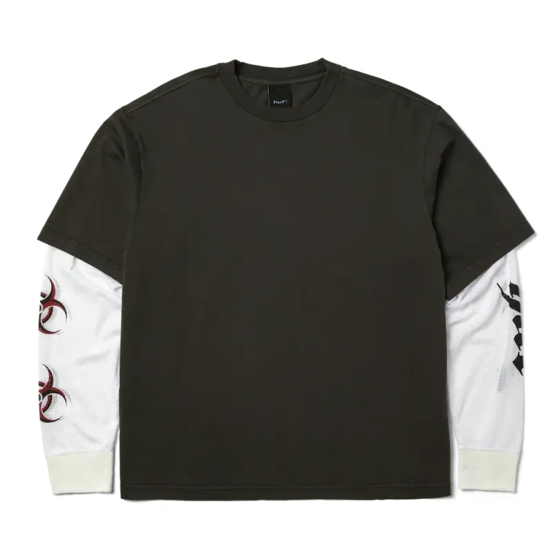 HUF Leon Long Sleeve Double Layer Top in Vintage Black with white mesh long sleeves and biohazard-style sleeve graphics, fron