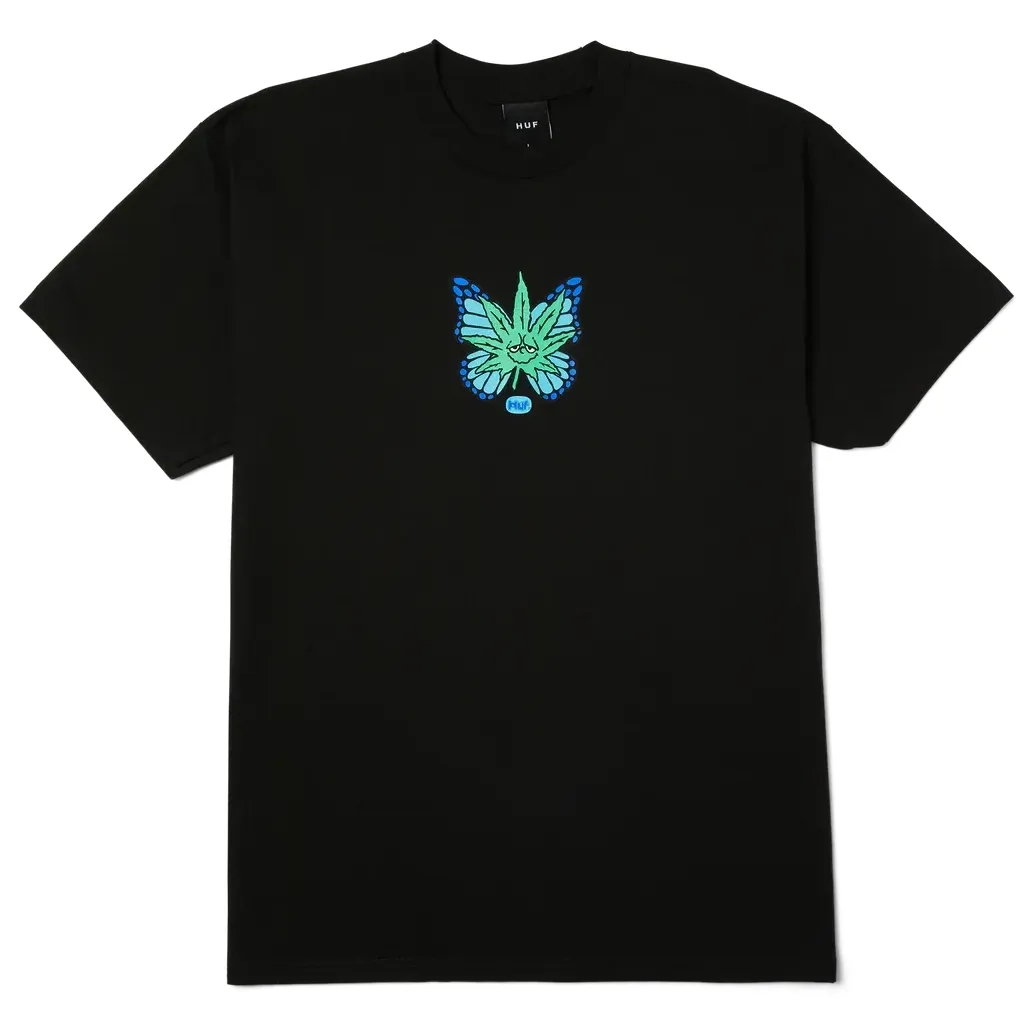 Front flat lay of HUF Green Budderfly Tee in black featuring small chest graphic of butterfly with leaf-inspired design.