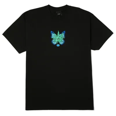 Front flat lay of HUF Green Budderfly Tee in black featuring small chest graphic of butterfly with leaf-inspired design.