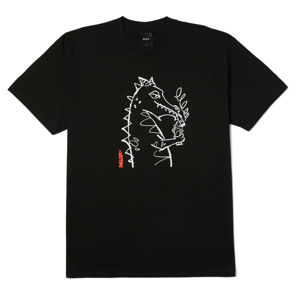 Front flat lay of HUF Cash Dragon Tee in black featuring hand-drawn white dragon graphic smoking with red HUF logo detail.