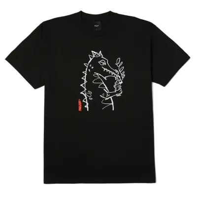 Front flat lay of HUF Cash Dragon Tee in black featuring hand-drawn white dragon graphic smoking with red HUF logo detail.