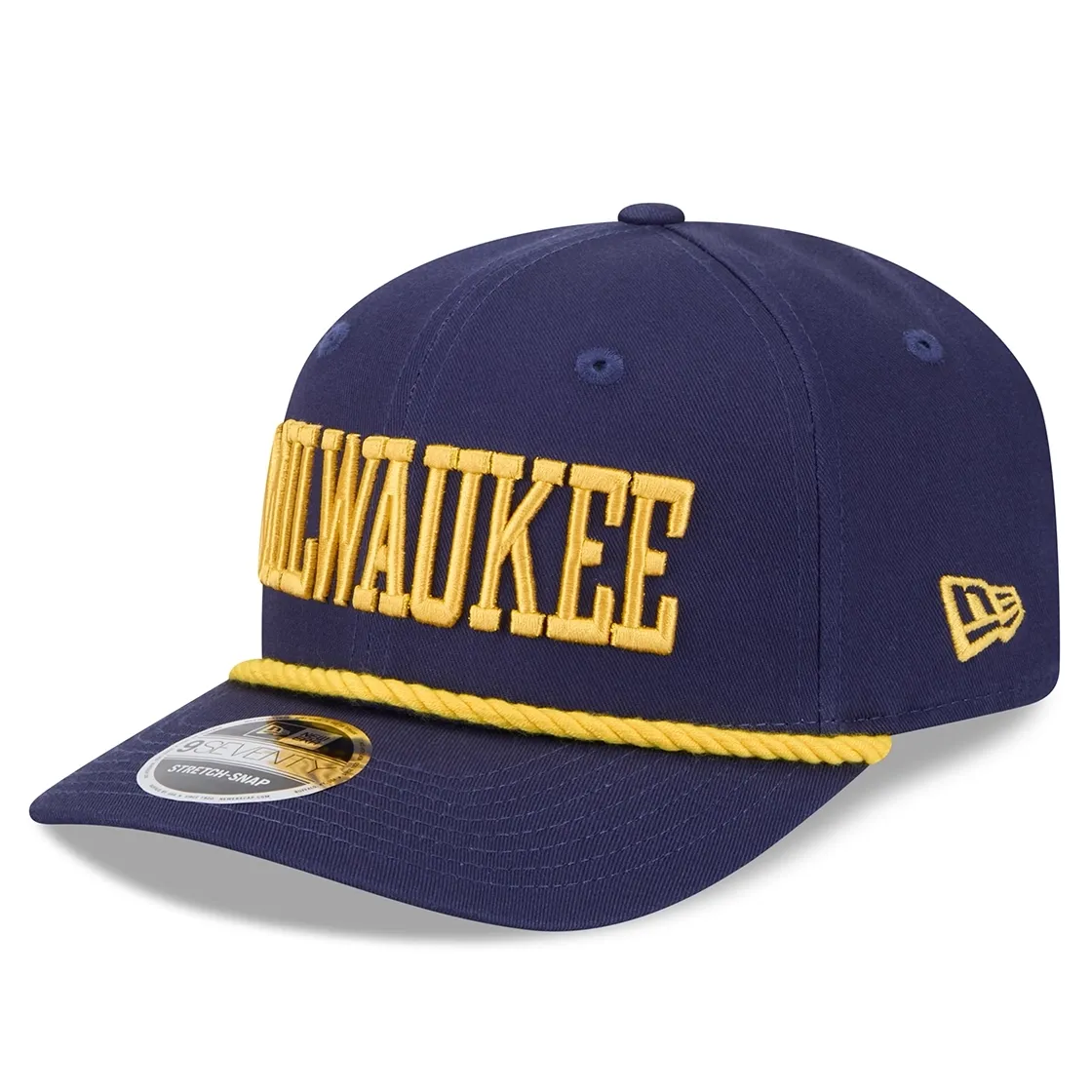 Milwaukee Brewers 9SEVENTY hat with navy crown and gold embroidered MILWAUKEE wordmark.
