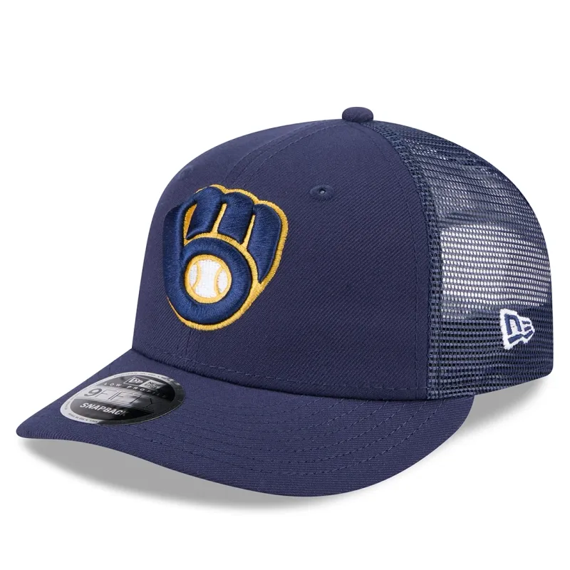 Milwaukee Brewers low profile trucker hat with navy front panels and embroidered glove logo.