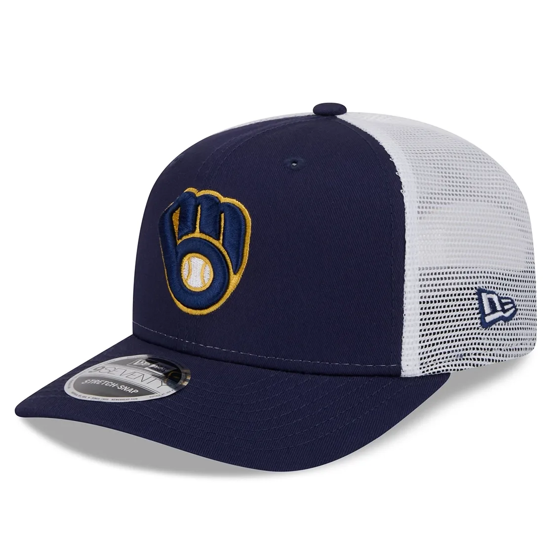 Milwaukee Brewers 9SEVENTY trucker hat with navy front panels, white mesh back, and glove logo.