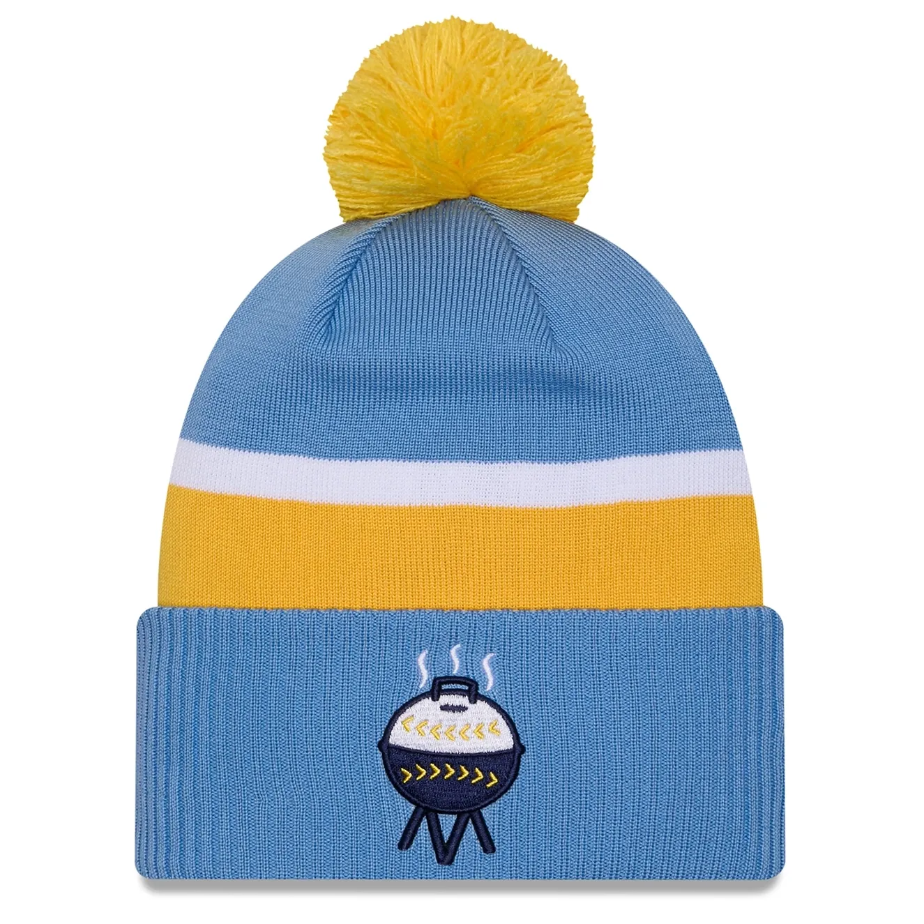 Milwaukee Brewers City Connect knit beanie in sky blue with yellow pom and grill logo patch.