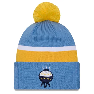 Milwaukee Brewers City Connect knit beanie in sky blue with yellow pom and grill logo patch.