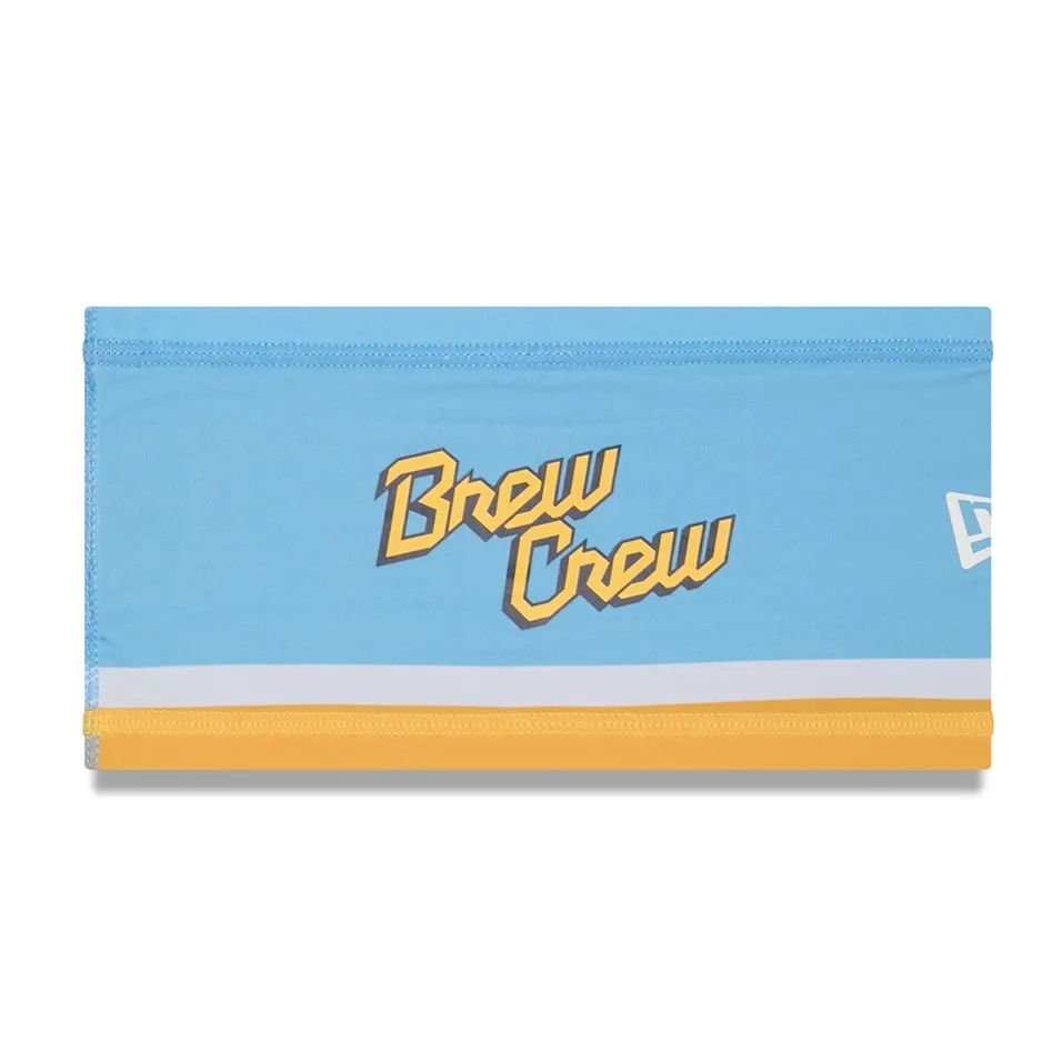 Milwaukee Brewers City Connect headband in sky blue with yellow trim and Brew Crew script.