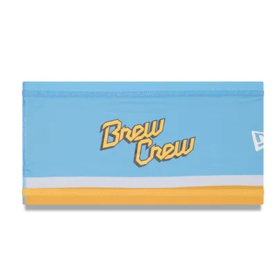 Milwaukee Brewers City Connect headband in sky blue with yellow trim and Brew Crew script.