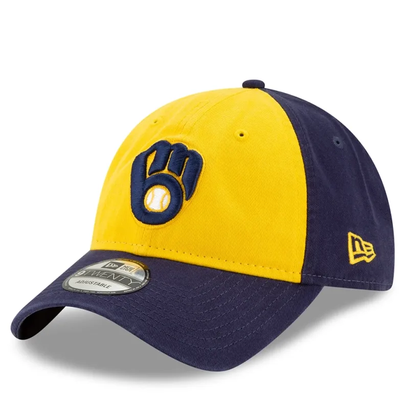 Milwaukee Brewers 9TWENTY adjustable hat in yellow and navy with embroidered glove logo.