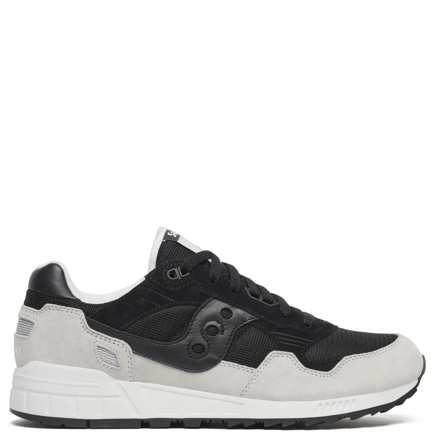 Saucony Shadow 5000 sneaker medial side view in black mesh and grey suede with classic Saucony logo