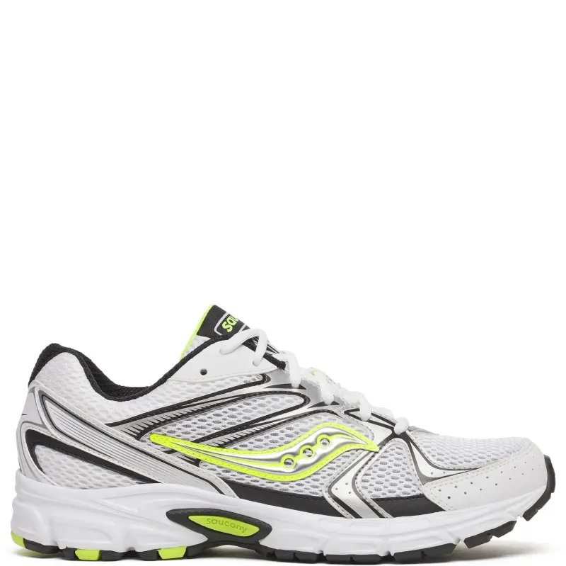 Saucony Ride Millennium sneaker medial side view in white and silver with neon yellow Saucony logo detail