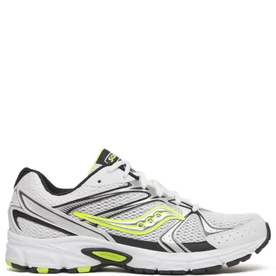 Saucony Ride Millennium sneaker medial side view in white and silver with neon yellow Saucony logo detail