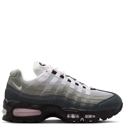 Lateral side view of Nike Women’s Air Max 95 Big Bubble with layered grey suede panels and visible Air cushioning