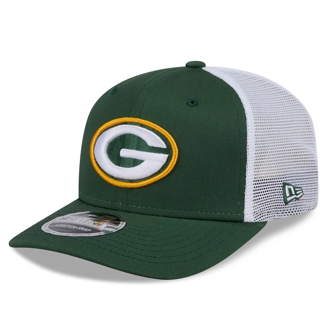 Green Bay Packers New Era 9SEVENTY trucker hat with green front panels, white mesh back, and embroidered Packers “G” logo.