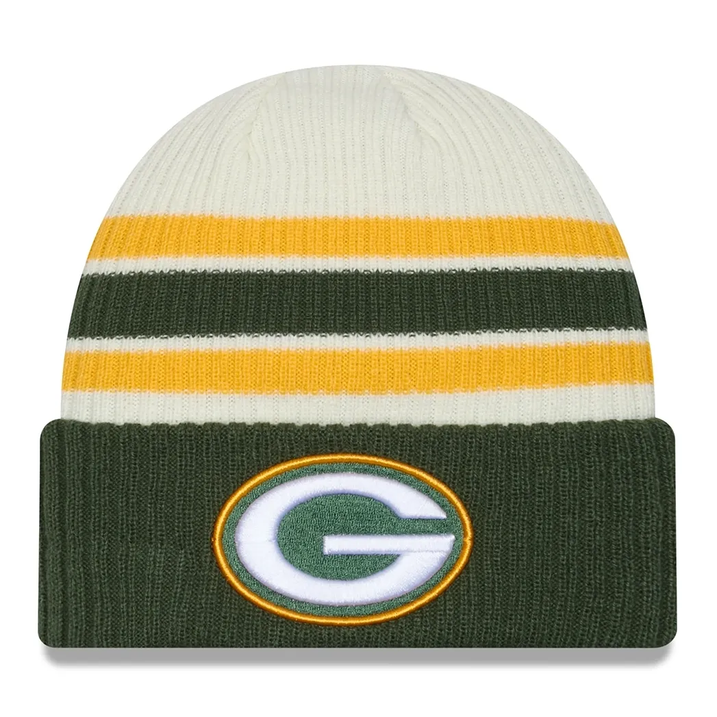 Green Bay Packers New Era vintage knit beanie with green cuff and embroidered Packers “G” logo.