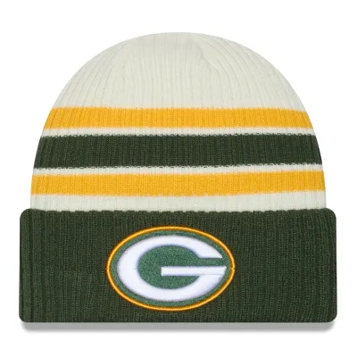 Green Bay Packers New Era vintage knit beanie with green cuff and embroidered Packers “G” logo.