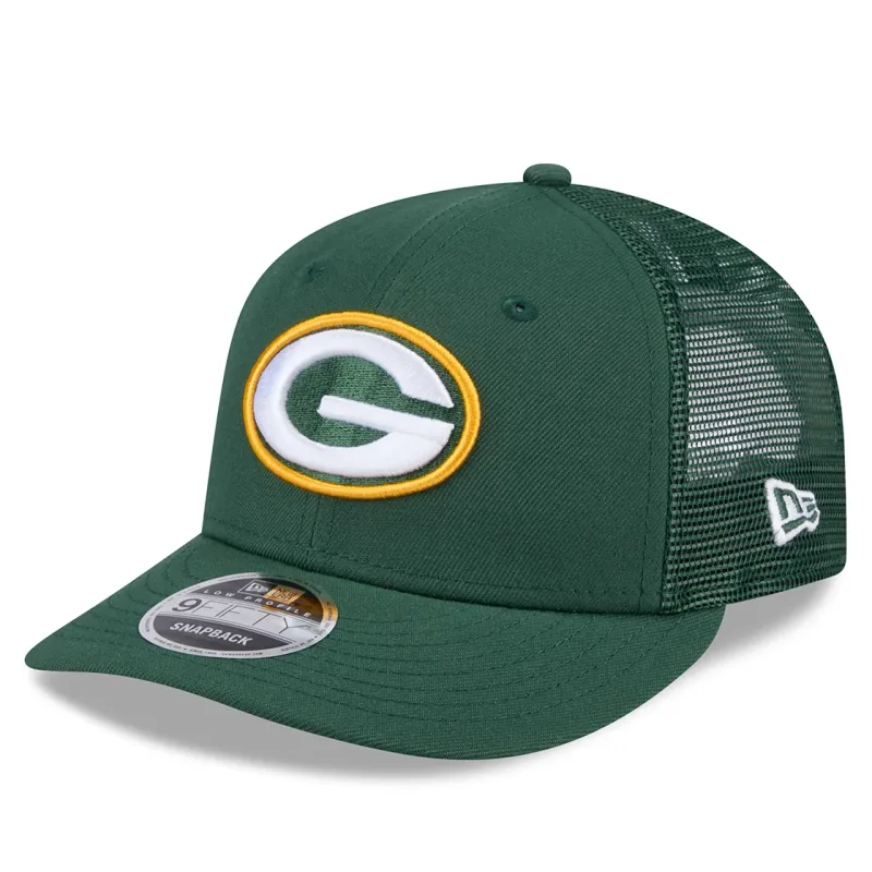 Green Bay Packers New Era low profile trucker hat with embroidered Packers “G” logo on green front panels.