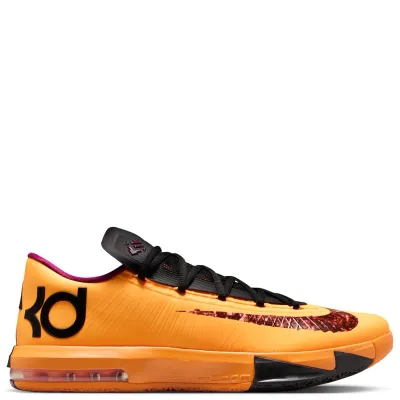 Lateral side view of Nike Zoom KD 6 in Laser Orange with textured raspberry Swoosh and KD heel logo