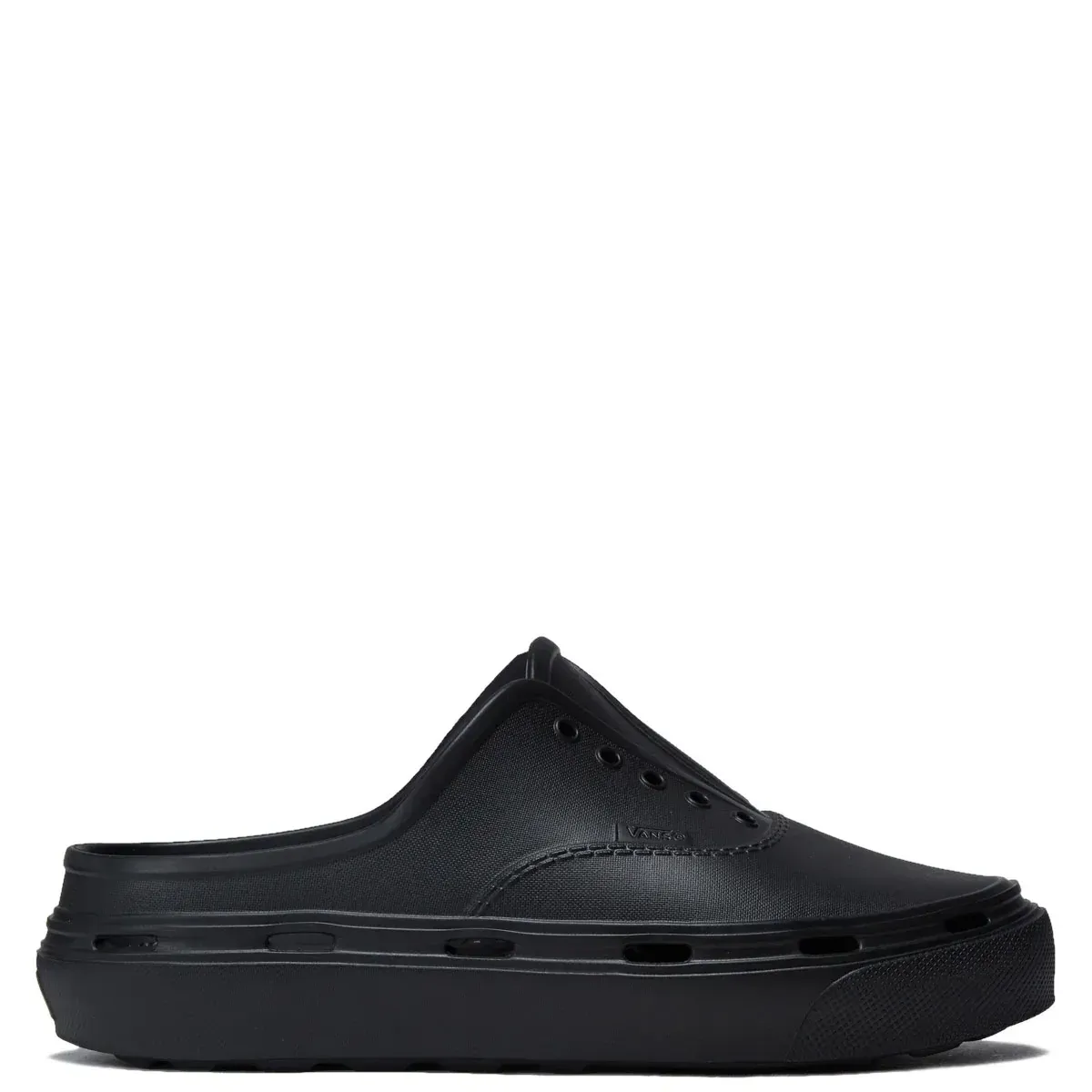 Side profile of Vans Authentic Foam Mule in black highlighting molded foam build and perforated midsole vents