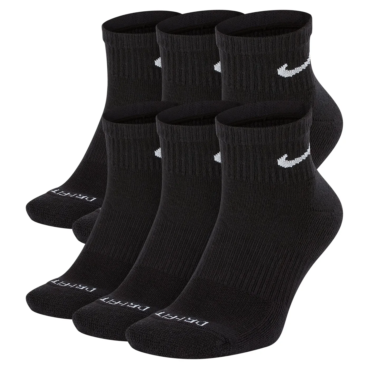 Six pairs of black Nike ankle socks with white Swoosh logos and cushioned Everyday Plus design.