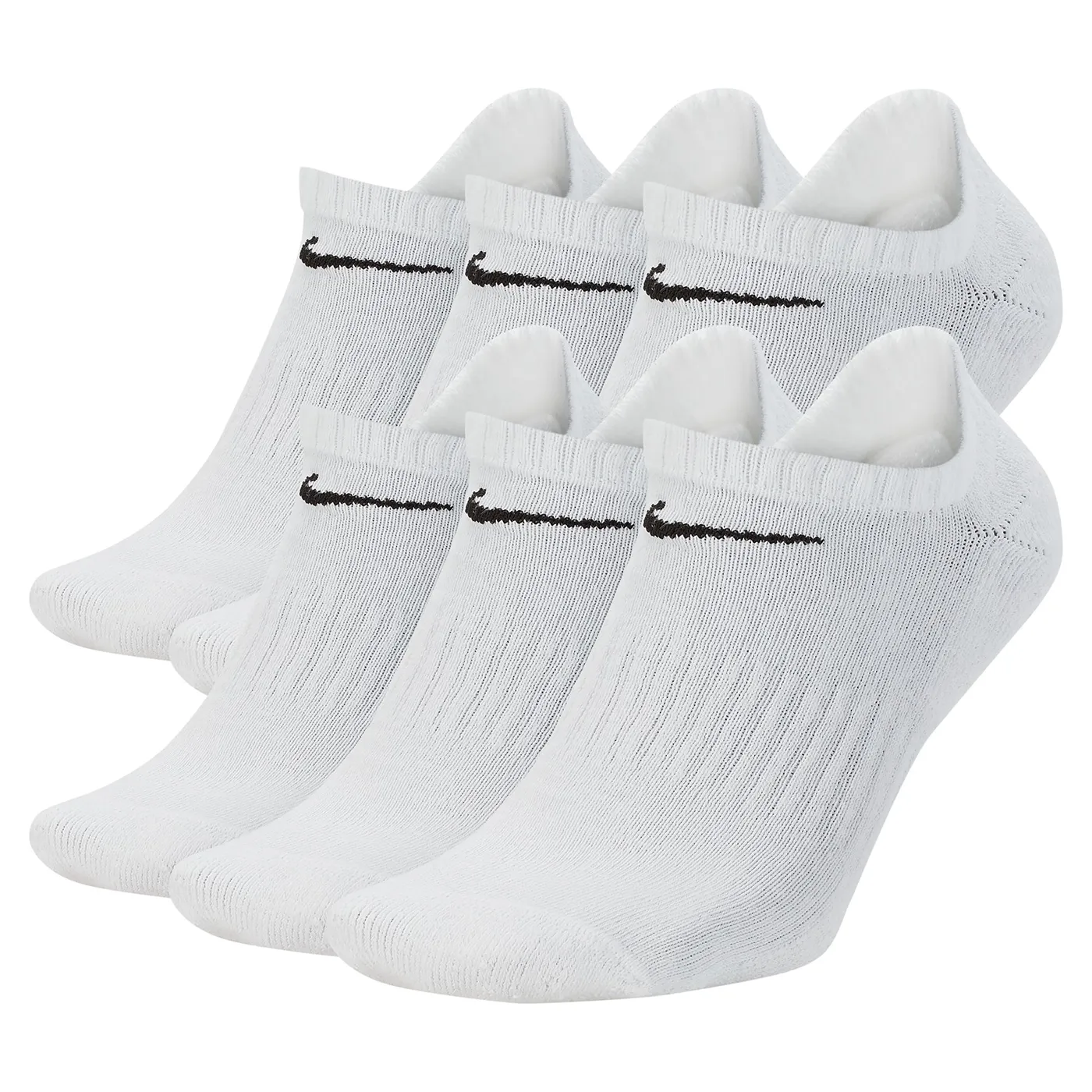 Six pairs of white Nike no-show socks featuring black Swoosh logos and cushioned athletic construction.